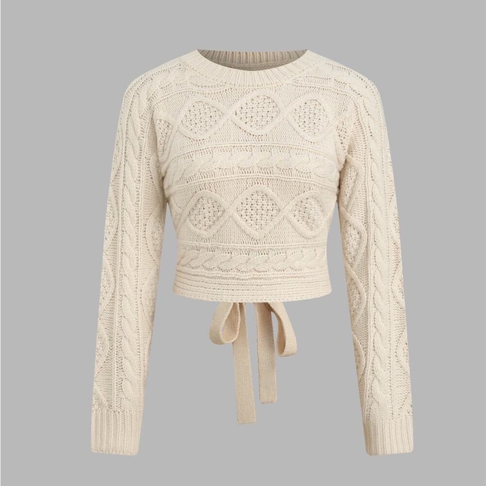 Cream Textured Knit Sweater with Tie back detail